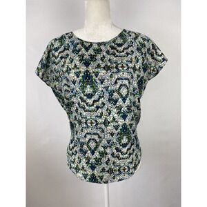 Devlin Tulip Back Blouse Geometric Satin Triangle Green Open High Low Tee Top S